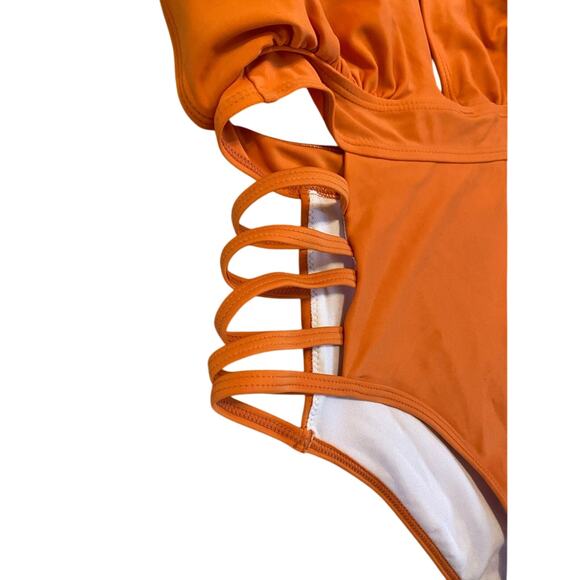 NWT Aqua Eve Small (4-6) orange one piece sexy cutout Deep plunge halter tie NEW - Picture 5 of 10